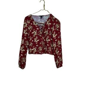 Forever 21 Floral Crop Top long sleeve Burgundy blouse Lace Front